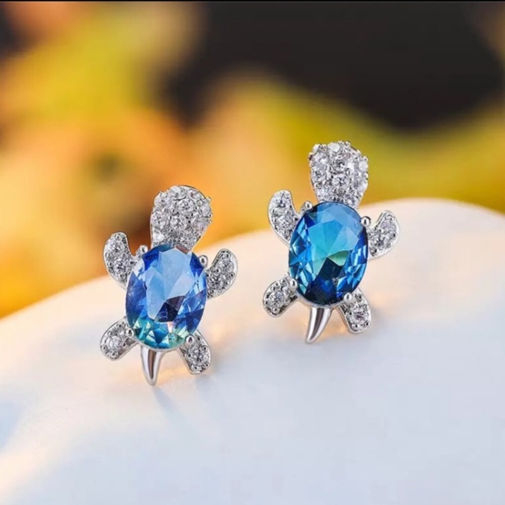 “Just Keep Swimming” Turtle Diamond Gem Earrings - Picture 11 of 11
